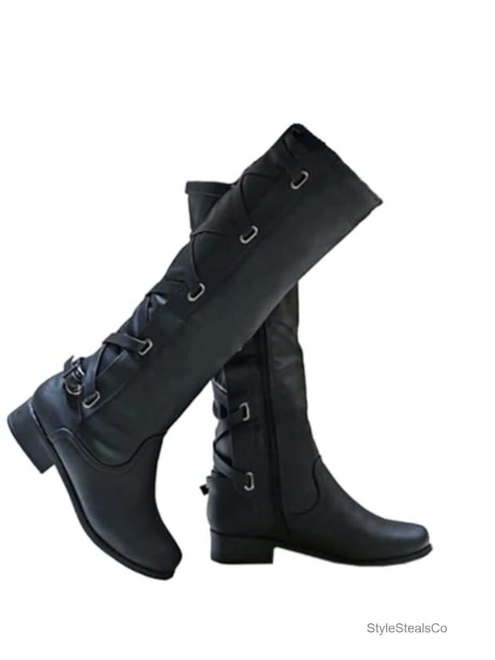 Womens Faux Leather Motorcycle Knee High Boots Strappy Lace Up Riding Boots
